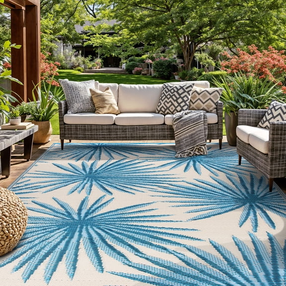 World Rug Gallery Floral Tropical Reversible Recycled Plastic Outdoor Picnic Mat, Camping Rug, RV Rug - BLUE 7'10"x10'