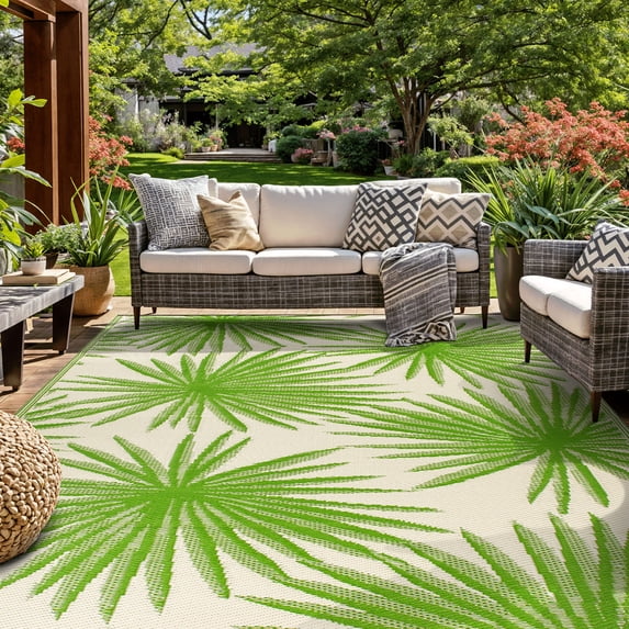 World Rug Gallery Floral Tropical Reversible Recycled Plastic Outdoor Picnic Mat, Camping Rug, RV Rug - GREEN 7'10"x10'