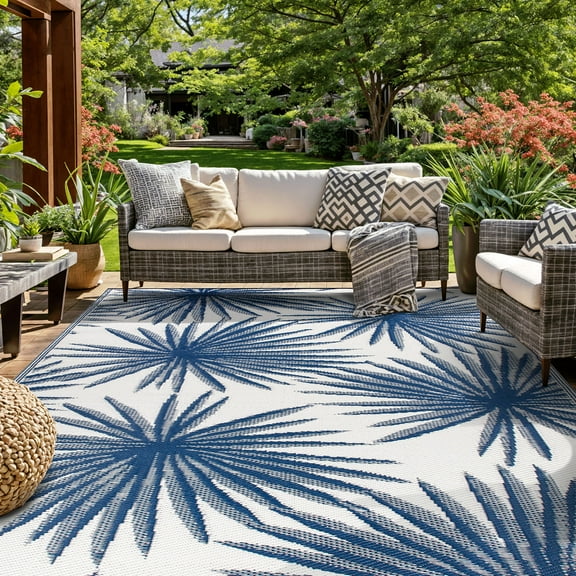 World Rug Gallery Floral Tropical Reversible Recycled Plastic Outdoor Picnic Mat, Camping Rug, RV Rug - NAVY 7'10"x10'