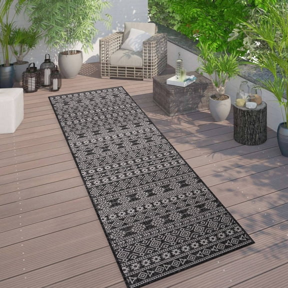 World Rug Gallery Geometric Boho Textured Flat Weave Indoor/Outdoor Area Rug - BLACK 2'x7'