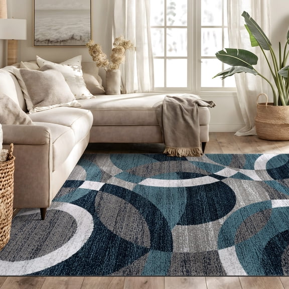 World Rug Gallery Geometric Circles Blue 5'3" x 7'3" Area Rug