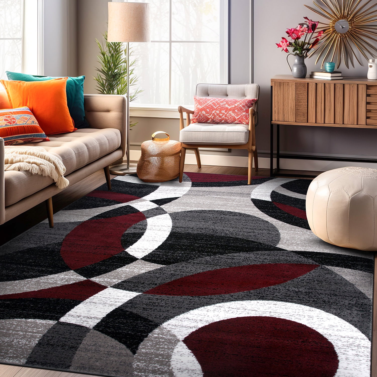 Red and Gray Geometric Circles 6' x 9' Synthetic Area Rug