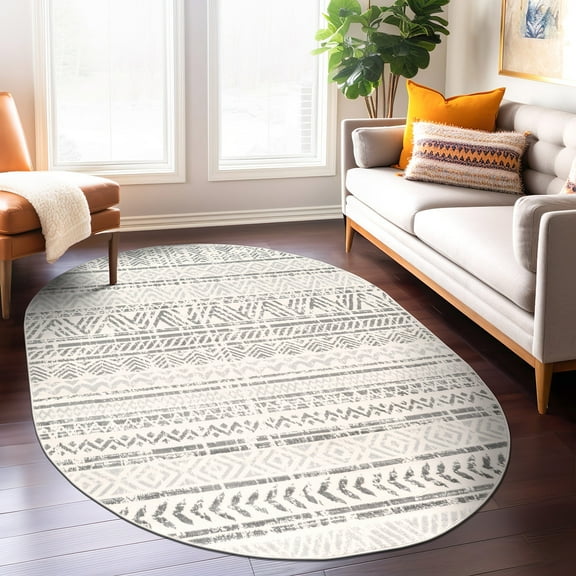 World Rug Gallery Geometric Distressed Bohemian Area Rug - Gray 5'x6'6" Oval