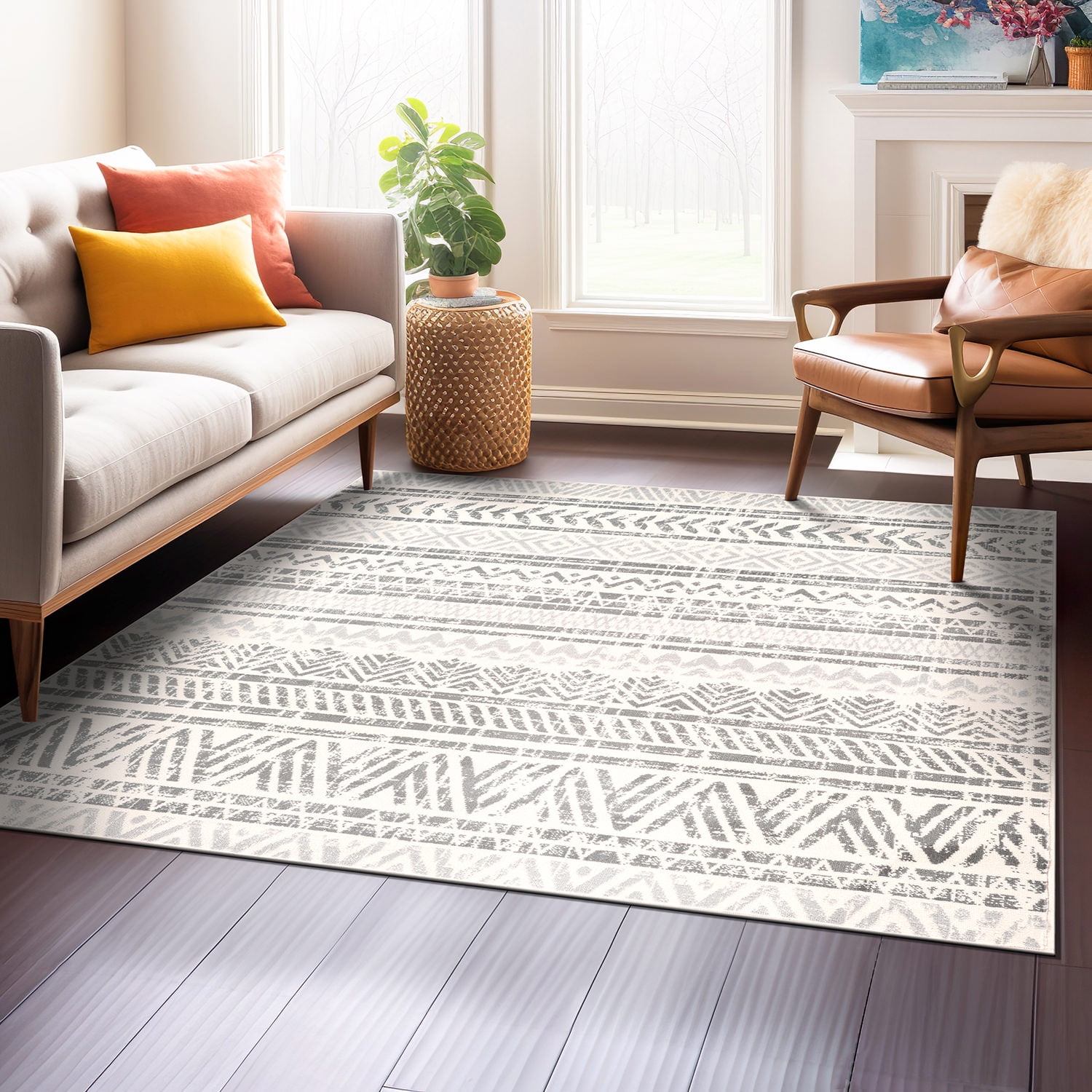 Gray Geometric Bohemian Square Area Rug 6'6" x 6'6"