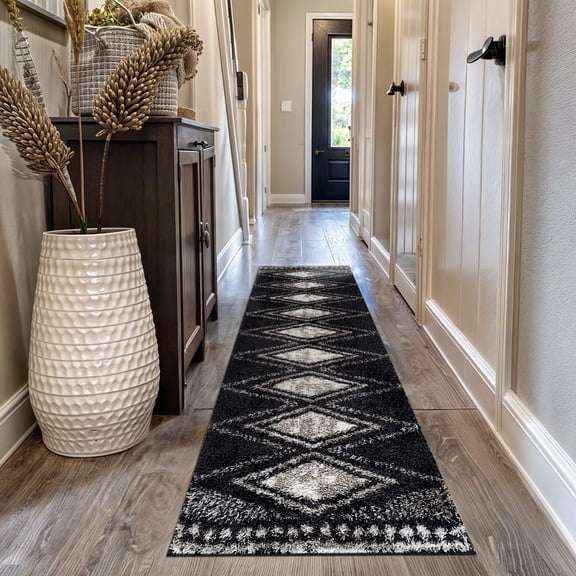 World Rug Gallery Geometric Grid Shag Rug – Anthracite Dark Gray – Medium Pile – Durable for Living Room, Bedroom, or Entryway - ANTHRACITE 2'3"x12'