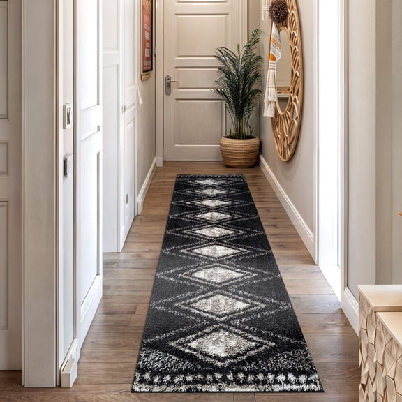 World Rug Gallery Geometric Grid Shag Rug – Anthracite Dark Gray – Medium Pile – Durable for Living Room, Bedroom, or Entryway - ANTHRACITE 2'3"x8'