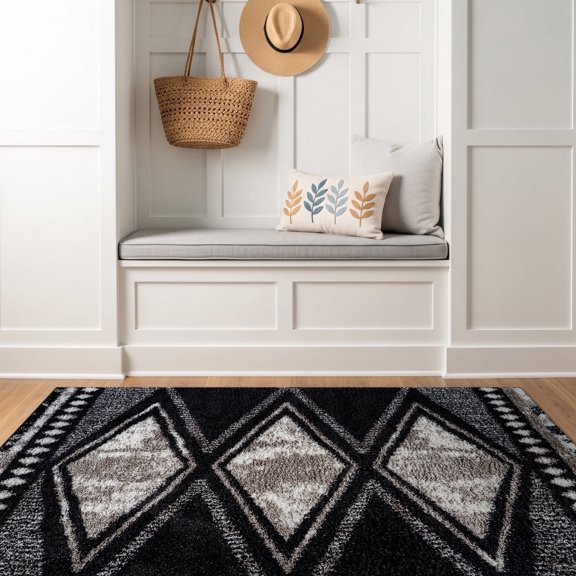 World Rug Gallery Geometric Grid Shag Rug – Anthracite Dark Gray – Medium Pile – Durable for Living Room, Bedroom, or Entryway - ANTHRACITE 4'x6'