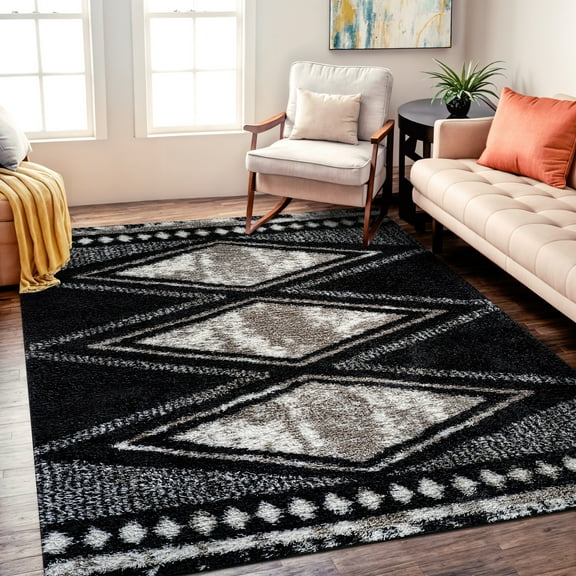 World Rug Gallery Geometric Grid Shag Rug – Anthracite Dark Gray – Medium Pile – Durable for Living Room, Bedroom, or Entryway - ANTHRACITE 5'x7'
