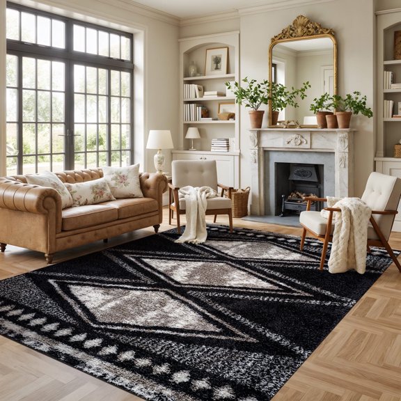 World Rug Gallery Geometric Grid Shag Rug – Anthracite Dark Gray – Medium Pile – Durable for Living Room, Bedroom, or Entryway - ANTHRACITE 7'10"x10'