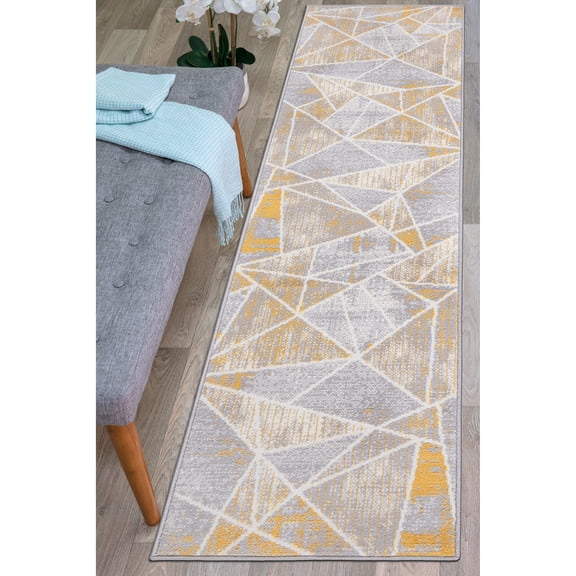World Rug Gallery Geometric Modern Area Rug Yellow 2'x7' Runner 6' Runner, 8' Runner Runner, Indoor Entryway, Kitchen, Bedroom Ivory, Grey Runner,
