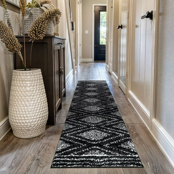 World Rug Gallery Geometric Shag Area Rug – Durable for Living Room, Bedroom, or Entryway – Easy to Clean, Kid & Pet Friendly – Polyester with Jute Backing - ANTHRACITE 2'3"x12'