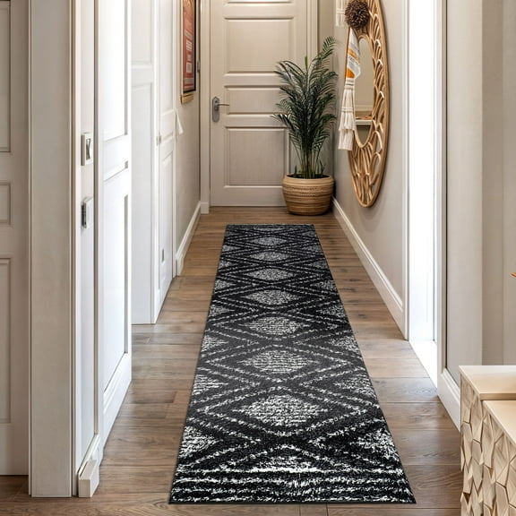 World Rug Gallery Geometric Shag Area Rug – Durable for Living Room, Bedroom, or Entryway – Easy to Clean, Kid & Pet Friendly – Polyester with Jute Backing - ANTHRACITE 2'3"x8'