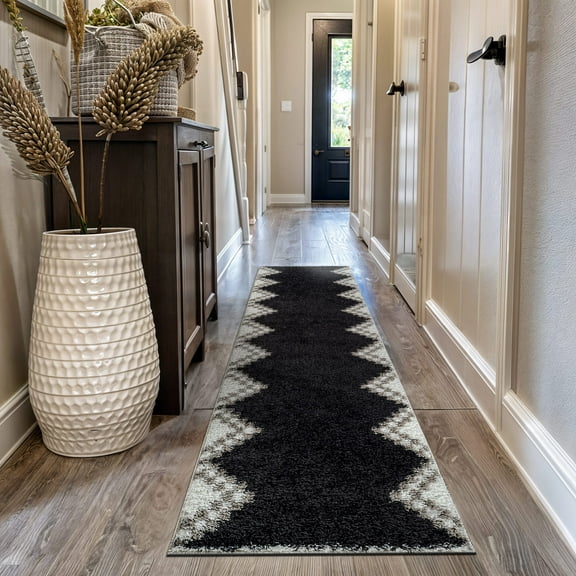 World Rug Gallery Geometric Shag Rug – Soft & Stylish – Anthracite Dark Gray – Medium Pile, Easy to Clean - ANTHRACITE 2'3"x12'