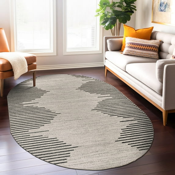 World Rug Gallery Indoor Area Rug Bohemian Stripe Jute Rug Carpets for Living Room Rugs for Sale - CREAM 5'x7' Oval