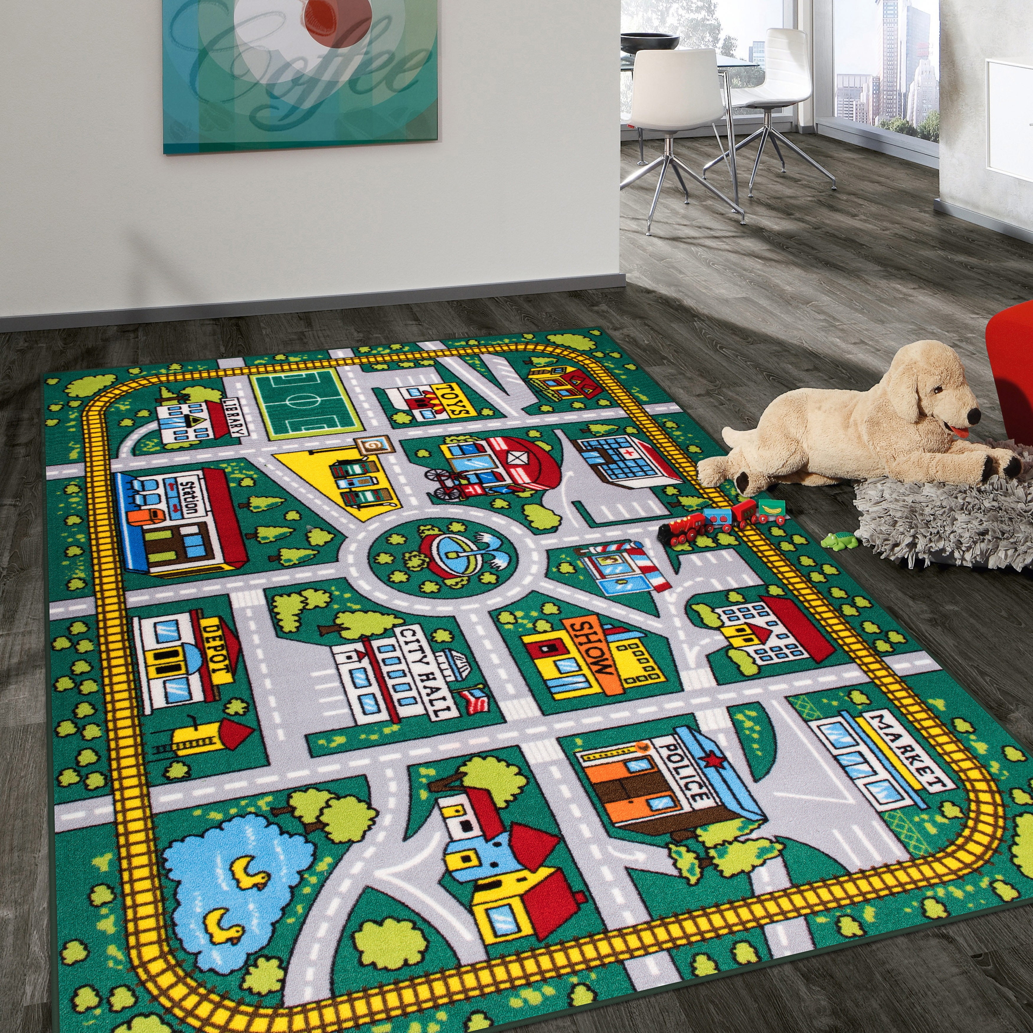 Green Synthetic Kids Educational City Life Road Area Rug 5' x 7'