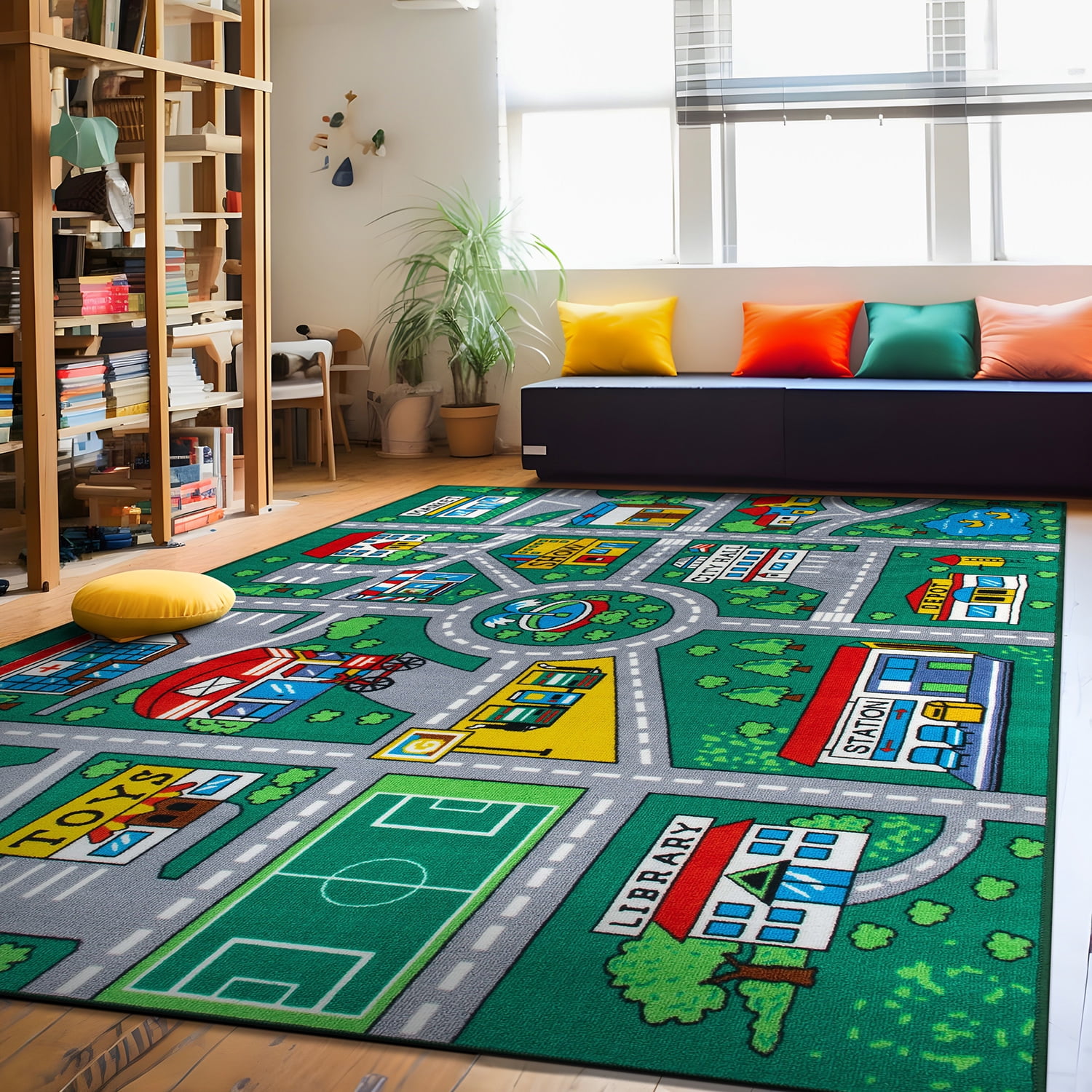 Green Educational Road Traffic Kids Playmat Area Rug 7'10" x 10'