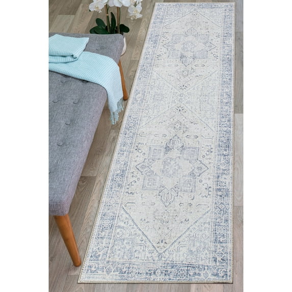 World Rug Gallery Medallion Boho Machine Washable 2'6"x10' Blue Runner Rug