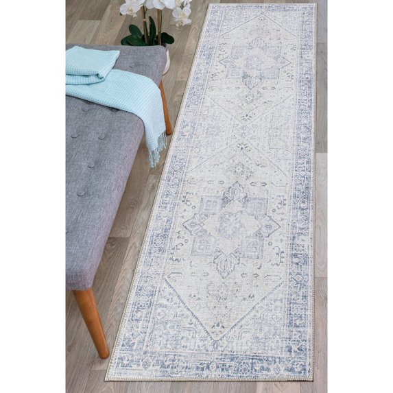 World Rug Gallery Medallion Boho Machine Washable 2'6"x7' Blue Indoor Runner Rug