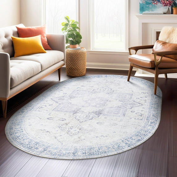 World Rug Gallery Medallion Boho Machine Washable 5'x8' Oval Blue Area Rug
