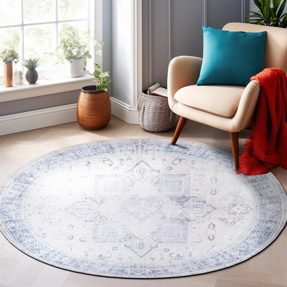 World Rug Gallery Medallion Boho Machine Washable 8' Round Blue Indoor Area Rug