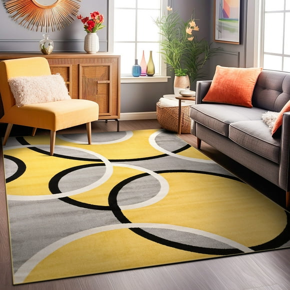 World Rug Gallery Modern Abstract Circles Yellow 6'6" x 9' Area Rug