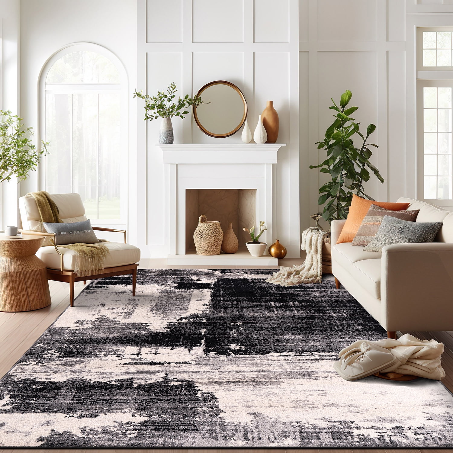 Black and Gray Abstract Stain-Resistant Synthetic Area Rug