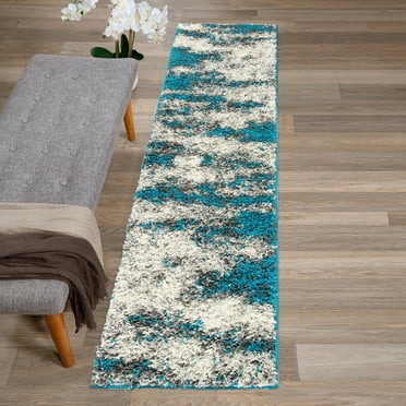 World Rug Gallery Modern Abstract Design Plush Shag Area Rug - Turquoise 2' x 7'