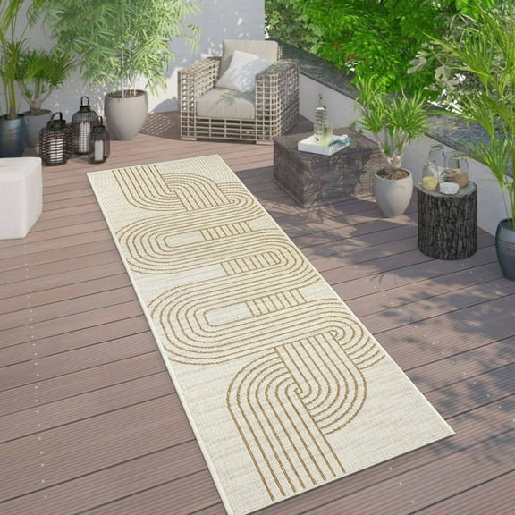 World Rug Gallery Modern Abstract Lines Weather Resistant Reversible Indoor/Outdoor Area Rug - NATURAL 2'x7'