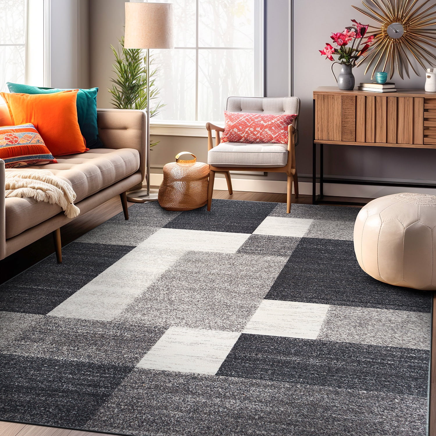 Modern Gray Geometric Non-slip Synthetic Area Rug 4' x 6'