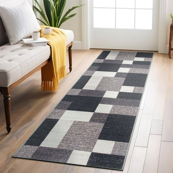 World Rug Gallery Modern Boxes Design Non-slip (Non-skid) Area Rug - Gray 2'7"x8'