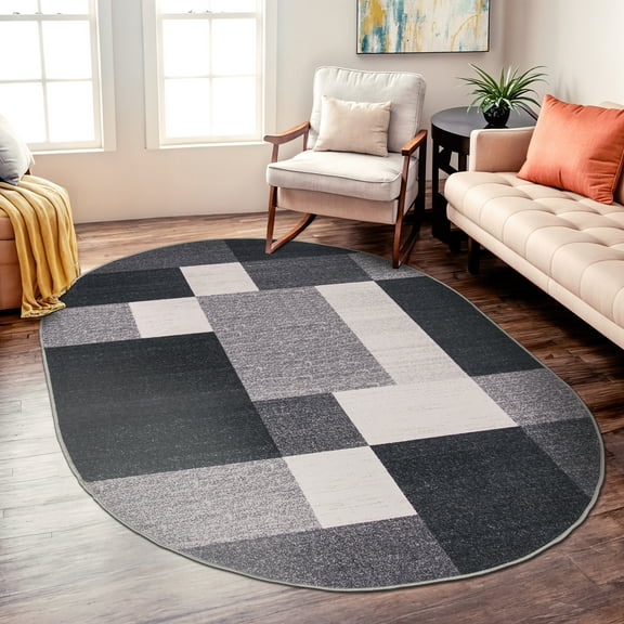 World Rug Gallery Modern Boxes Design Non-slip (Non-skid) Area Rug - Gray 5'x6'6" Oval