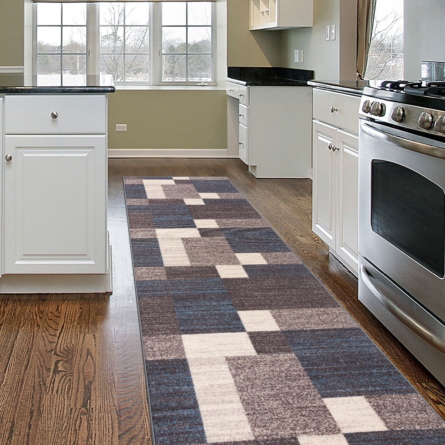 Geometric Boxes Design Non-Slip Blue 2' x 10' Indoor Runner Rug, High ...