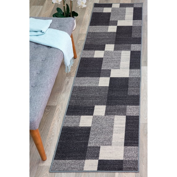 World Rug Gallery Modern Boxes Design Non-slip (Non-skid) Gray 2' x 10' Runner Rug