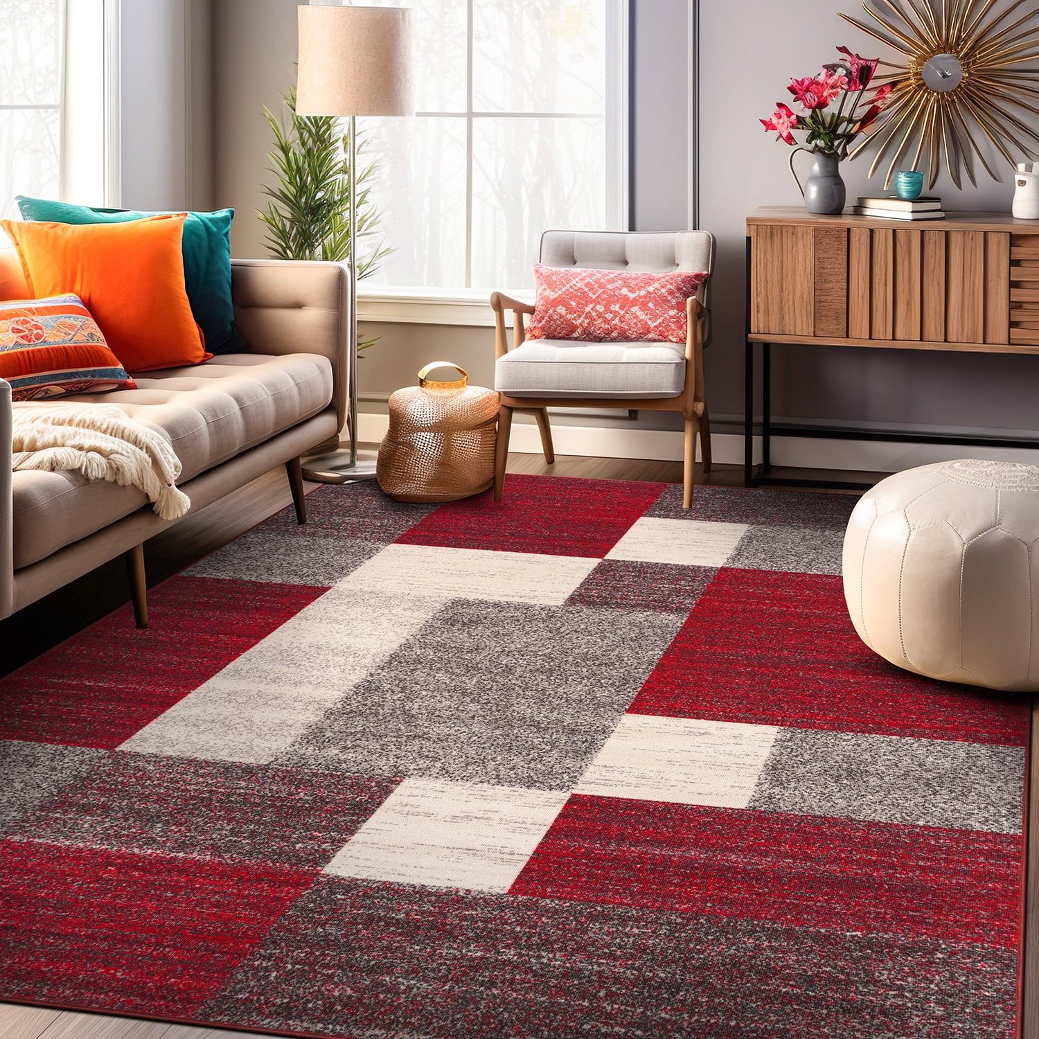 Red Geometric Tufted Washable Reversible 5' x 7' Area Rug