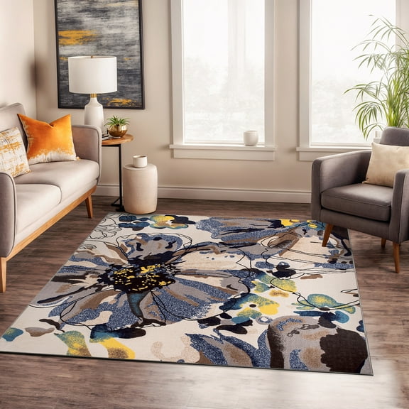 World Rug Gallery Modern Bright Flowers Non-Slip Area Rug - Cream 6'6"x6'6"