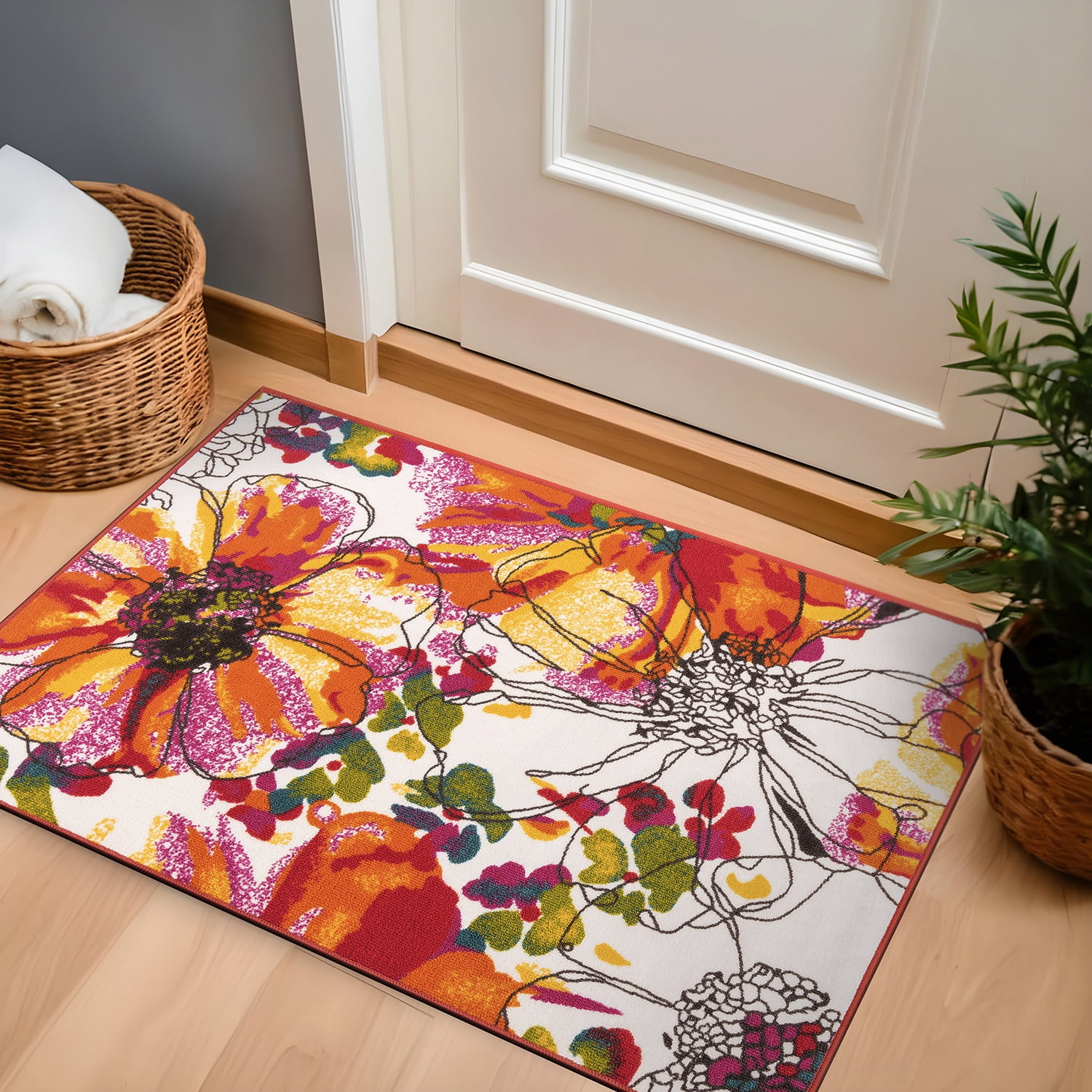 Bright Multicolor Floral Tufted Nylon Area Rug with Non-Slip Backing