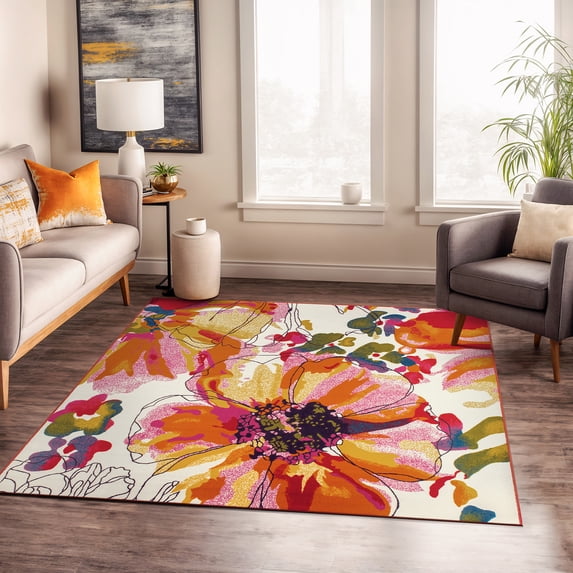 World Rug Gallery Modern Bright Flowers Non-Slip Area Rug - Multicolored 6'6"x6'6"