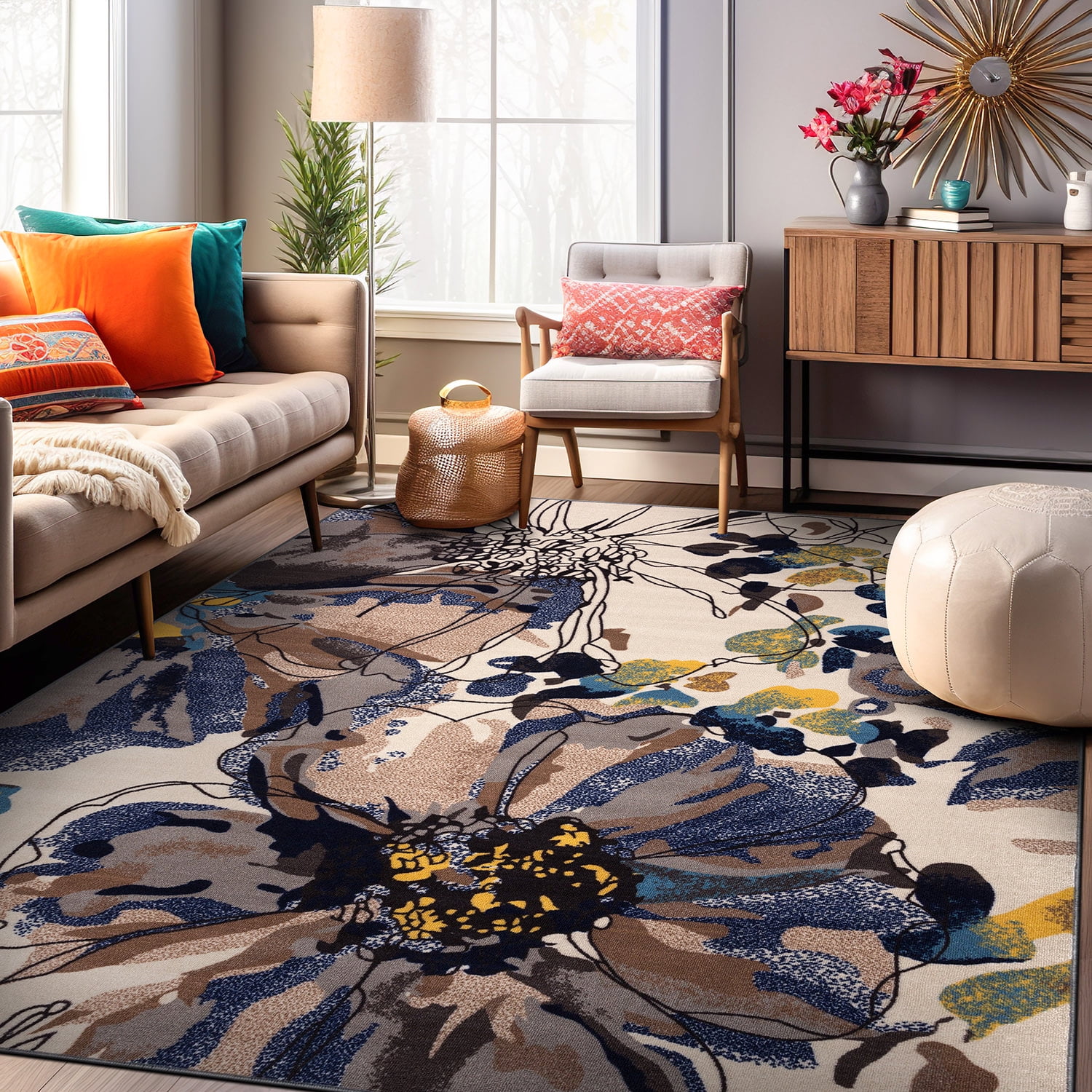Cream Floral Non-Slip Synthetic 5' x 7' Area Rug