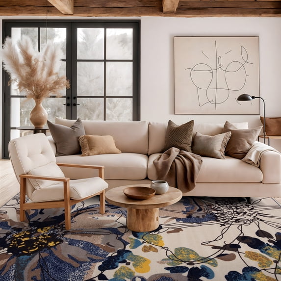 World Rug Gallery Modern Bright Flowers Non-Slip Cream 5'3" x 7'3" Area Rug