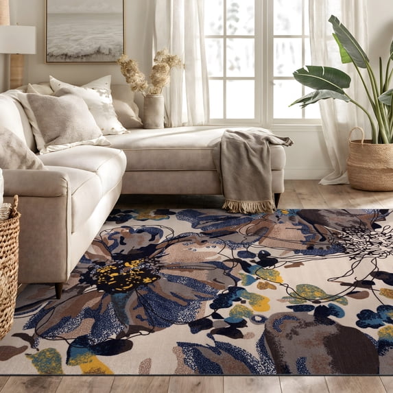 World Rug Gallery Modern Bright Flowers Non-Slip Cream 6'6" x 9' Indoor Area Rug