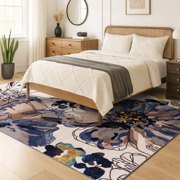 World Rug Gallery Modern Bright Flowers Non-Slip Cream 7'10" x 10' Indoor Area Rug