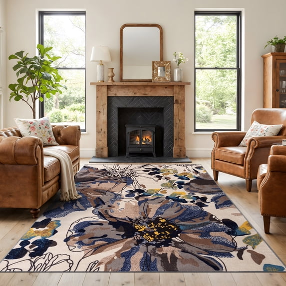 World Rug Gallery Modern Bright Flowers Non-Slip Cream 7'10" x 10' Indoor Area Rug