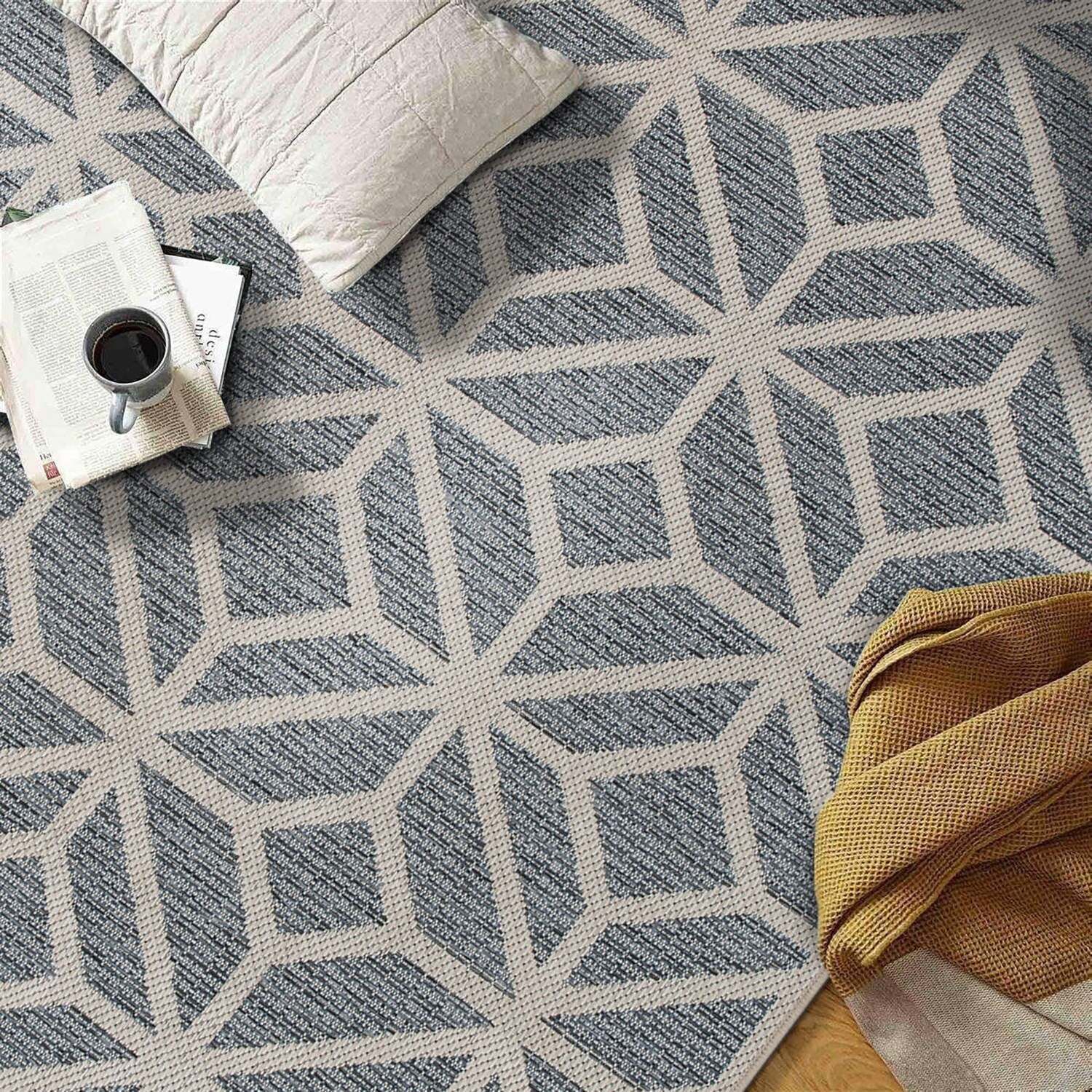 Blue Geometric Flat Woven Synthetic Indoor/Outdoor Rug 7'10" x 10'