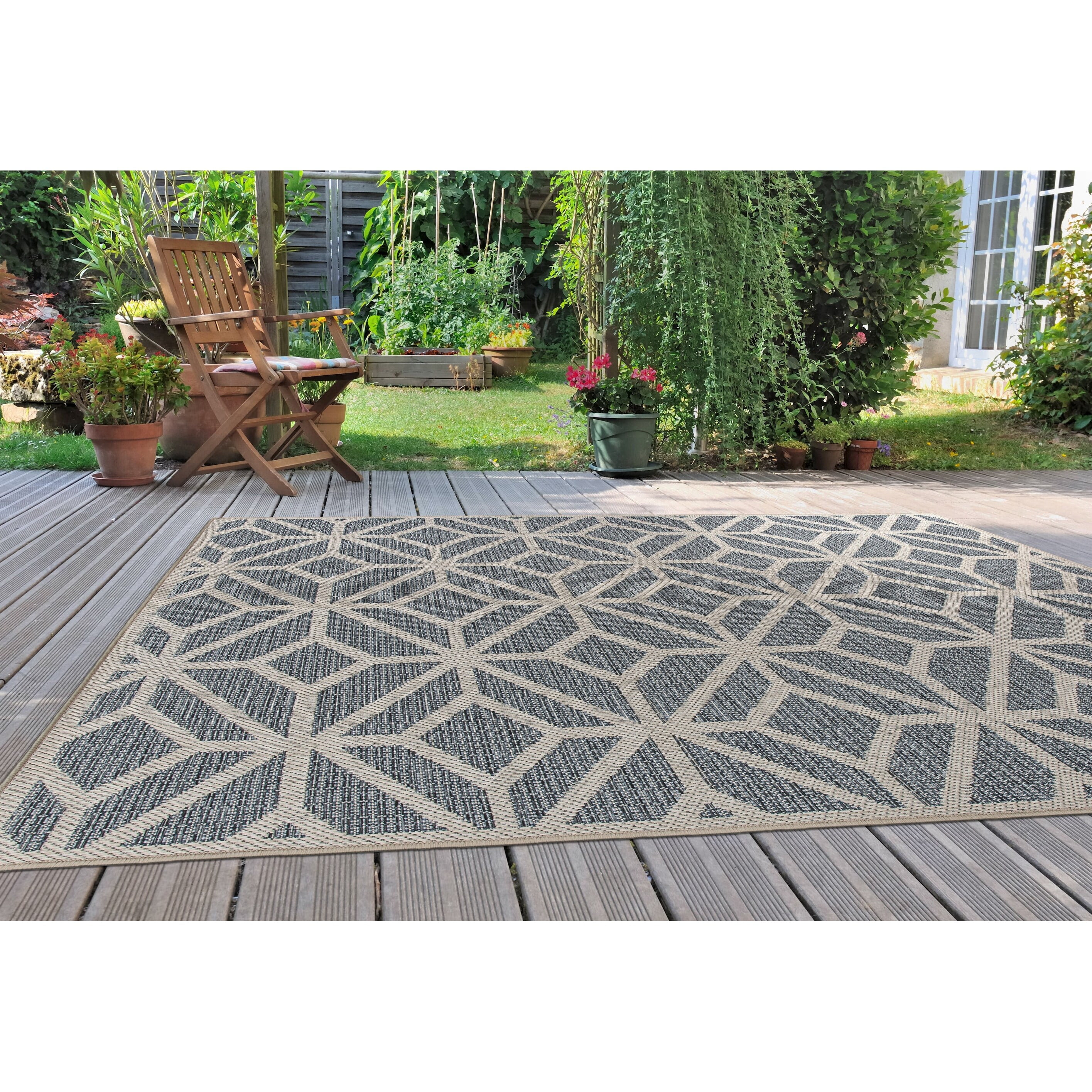 Blue Geometric Flat Woven Synthetic Indoor/Outdoor Rug 7'10" x 10'