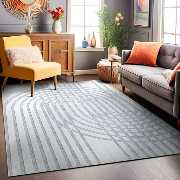 World Rug Gallery Modern Contemporary Lines Machine Washable 5'x7' Ivory Area Rug