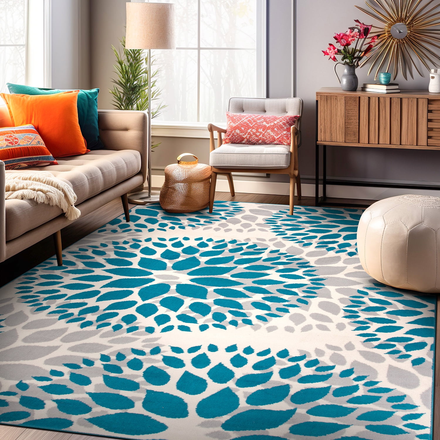 Blue Floral Synthetic Easy Care Area Rug 7'6" x 9'5"