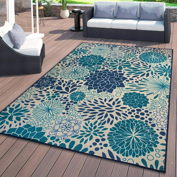 World Rug Gallery Modern Floral Circles Flatweave Indoor/Outdoor Area Rug - BLUE 7'10"X10'