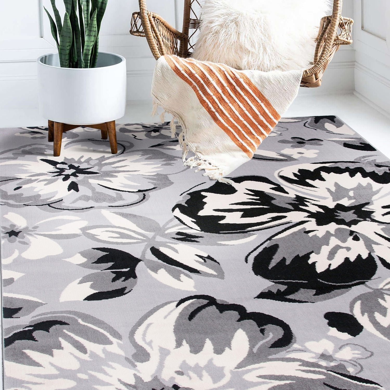 Gray Floral Rectangular Washable Synthetic Area Rug