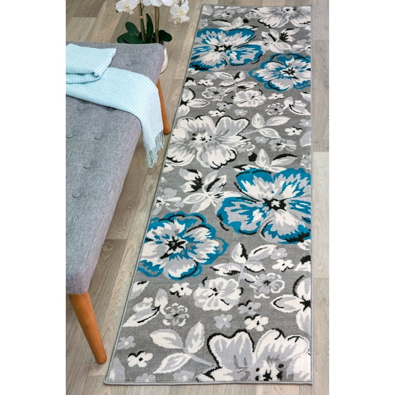 World Rug Gallery Modern Floral Design Blue 2' x 7' Runner Rug