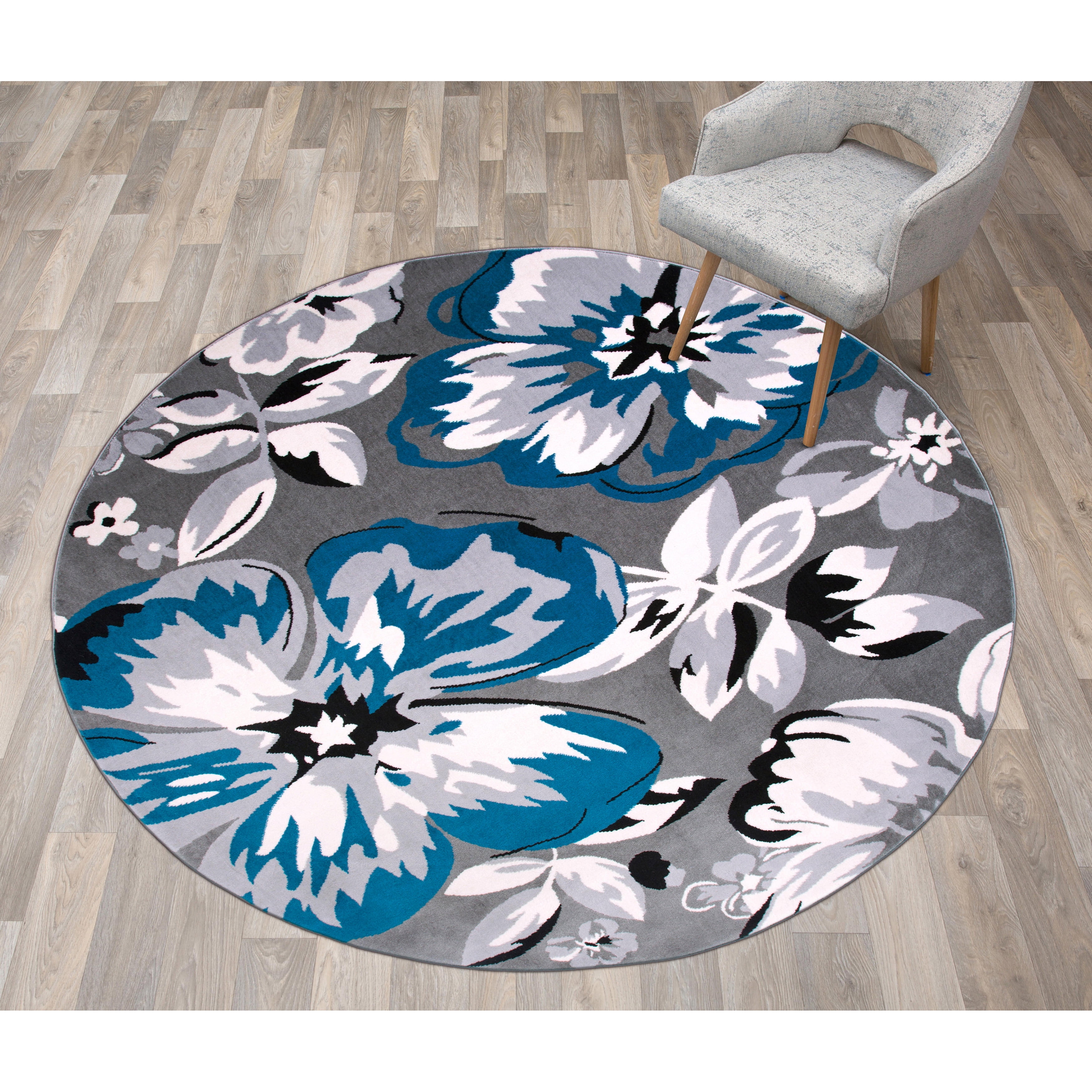 Blue and Gray Round Floral Synthetic Area Rug